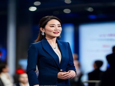 都市美艳后宫创始人林晓薇女士在品牌发布会现场发表演讲，身着湖蓝色正装，背景为品牌VI展板，展现出自信从容的领导气质