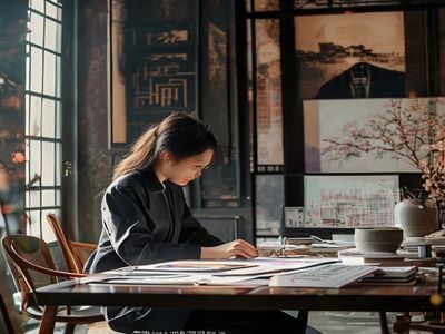 都市美艳后宫品牌创意总监陈慕阳在设计工作室内专注审阅视觉方案，桌面上摆放着色彩样本与品牌手册，体现出对美学细节的极致追求