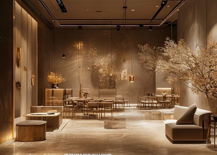 都市美艳后宫品牌展示空间内陈列着精美的美学作品与品牌物料，暖色灯光映照着沙色调的陈设，营造出都市精致生活的高品质氛围
