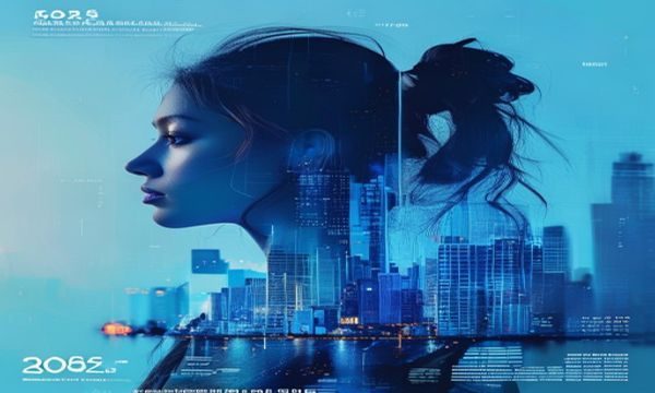 2026年都市女性美学消费趋势报告封面图，展示着城市街头时尚女性的剪影与数据图表，背景为湖蓝色渐变，体现都市美艳后宫对趋势研究的专业深度